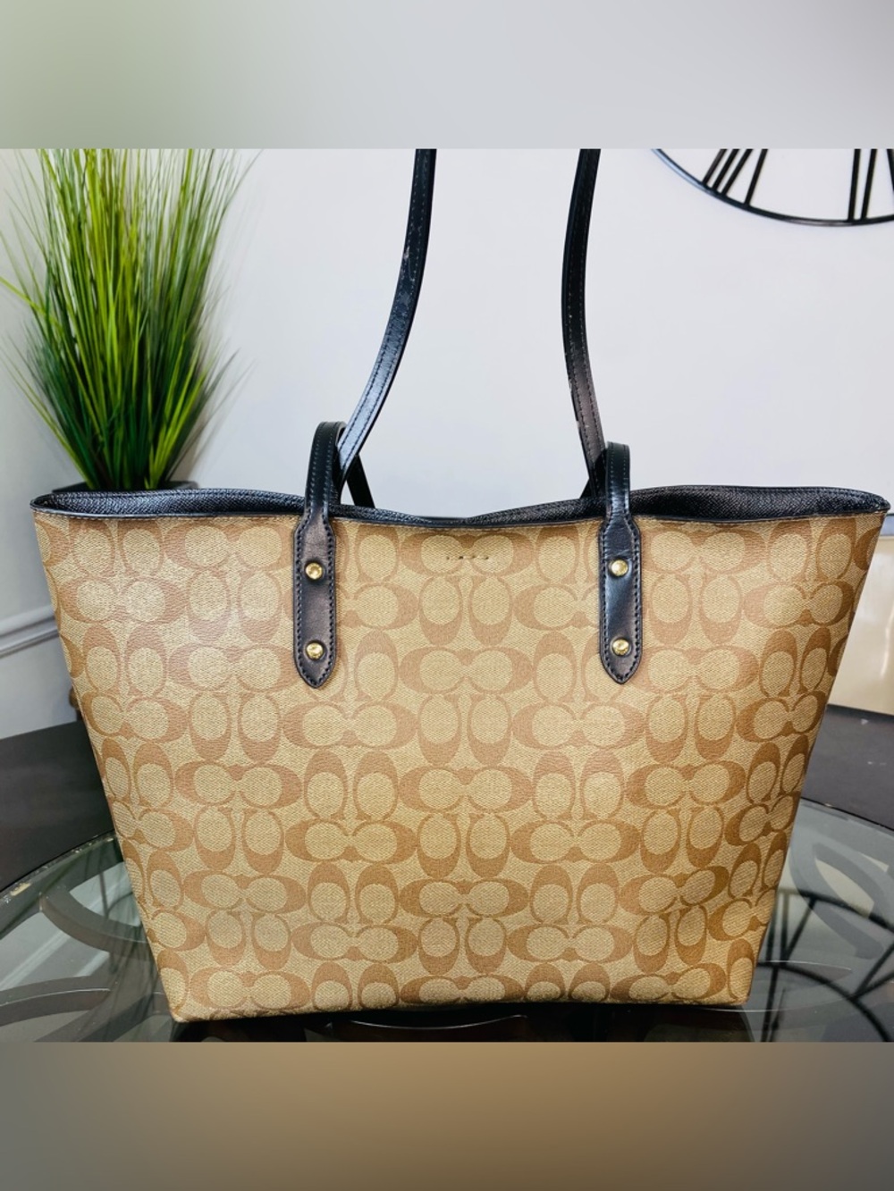 Coach Signature Tote Bag Womens Large Brown Canvas Leather Shoulder Logo Town - Picture 7 of 10
